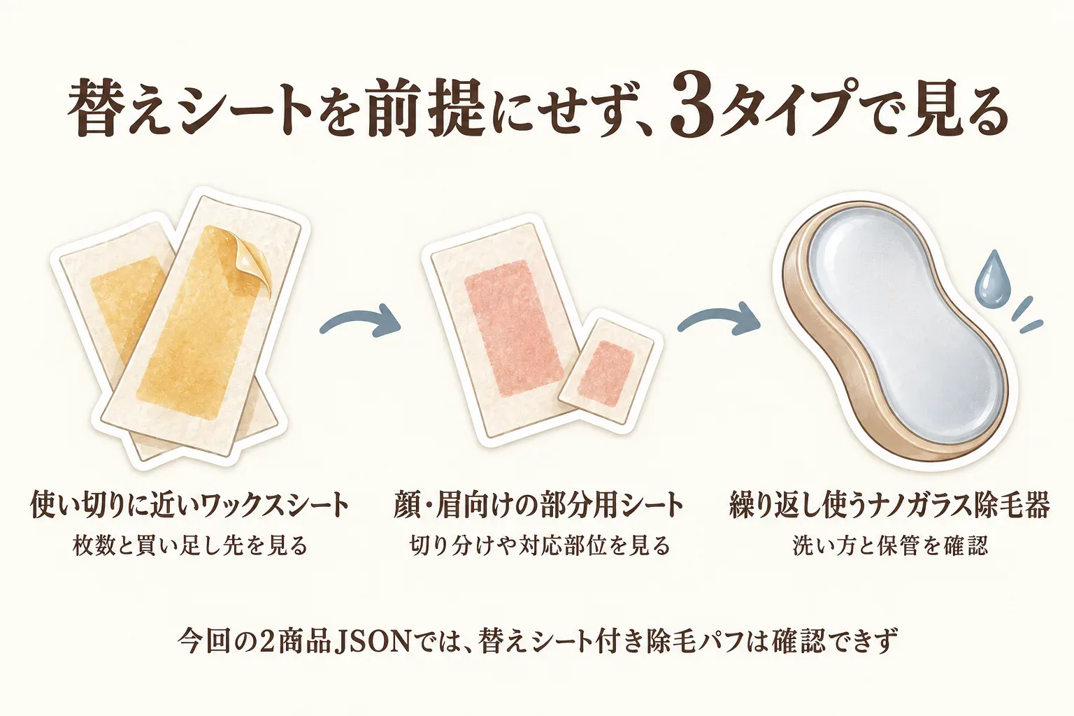 替えシートを前提にせず3タイプで見る比較図。使い切りに近いワックスシートは枚数と買い足し先、顔・眉向けの部分用シートは切り分けや対応部位、繰り返し使うナノガラス除毛器は洗い方と保管を確認すること、今回の2商品JSONでは替えシート付き除毛パフを確認できなかったことを示す。