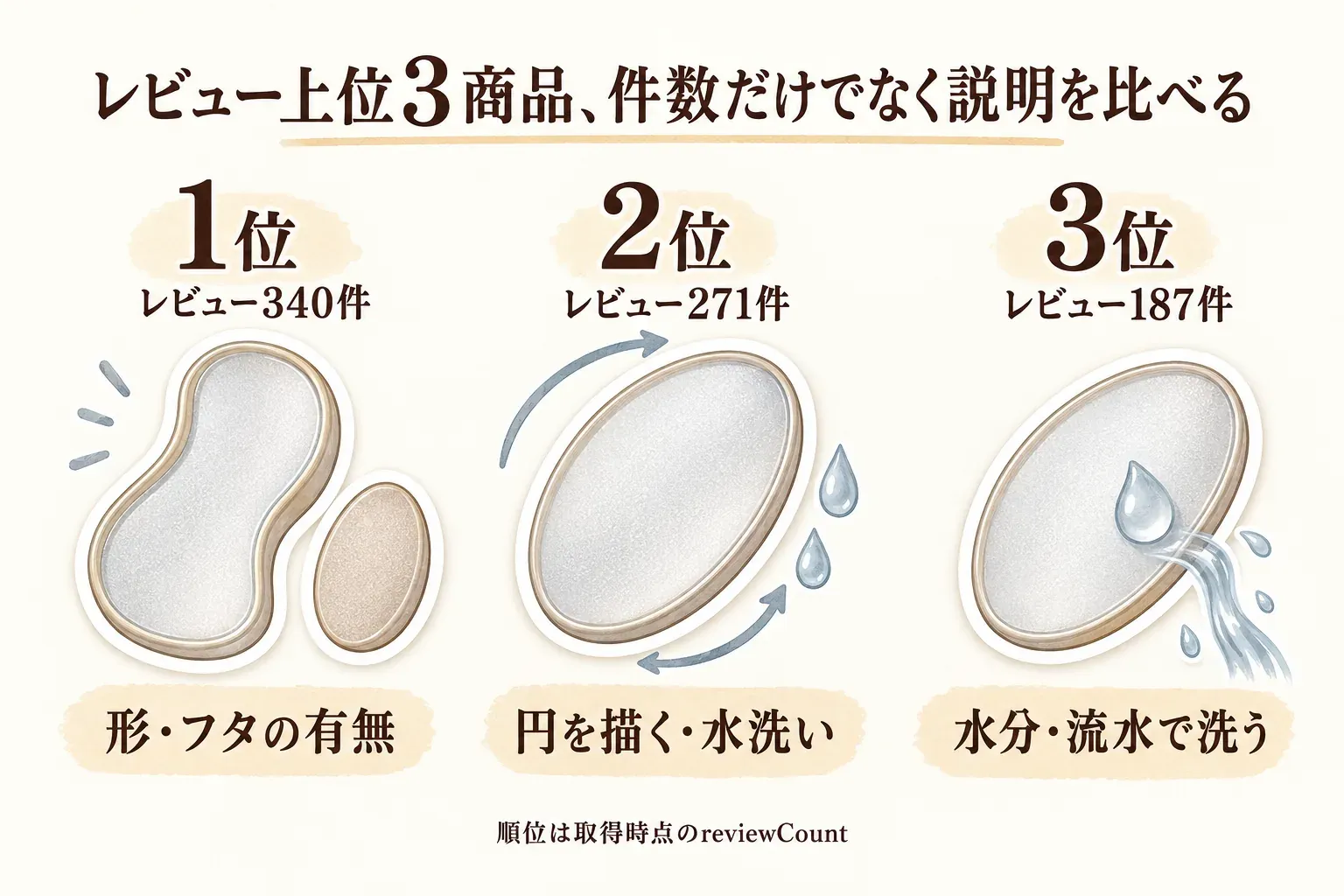 レビュー上位3商品の比較図。1位はレビュー340件でS字型・タマゴ型の形とフタの有無、2位はレビュー271件で円を描く使い方と水洗い、3位はレビュー187件で水分を含ませて使い流水で洗うことを示す。順位は取得時点のreviewCount。