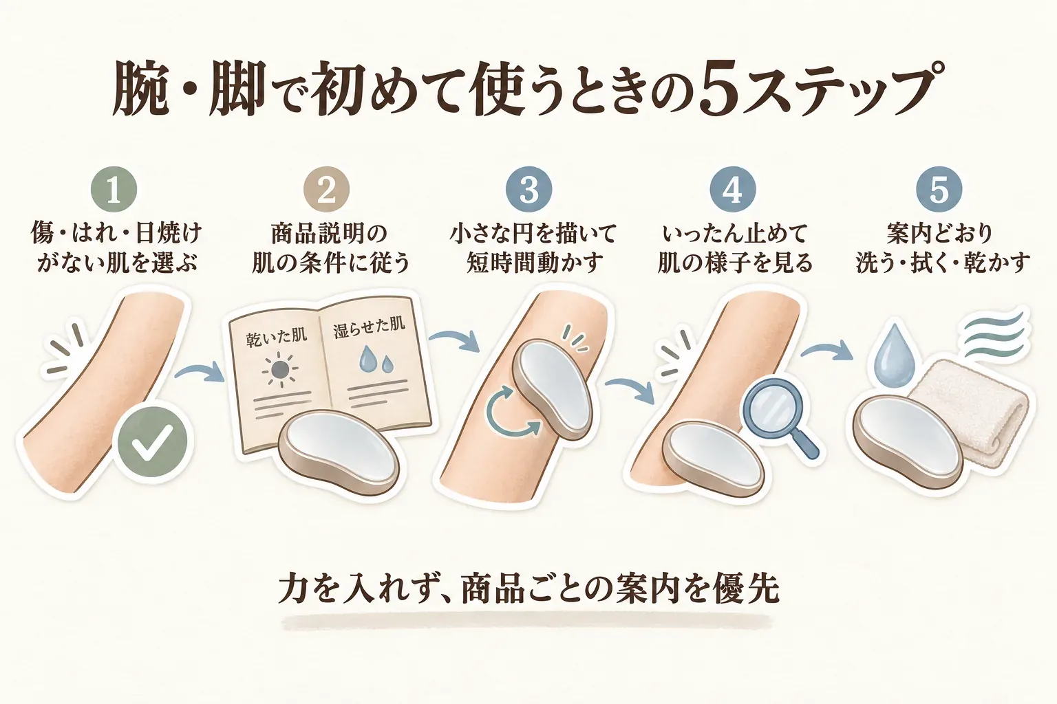 ガラス製除毛パッドを腕・脚で初めて使う5ステップの図。傷・はれ・日焼けがない肌を選び、商品説明の乾いた肌・湿らせた肌などの条件に従い、小さな円を描いて短時間動かし、いったん止めて肌の様子を見てから、案内どおりに洗う・拭く・乾かす流れを示す。