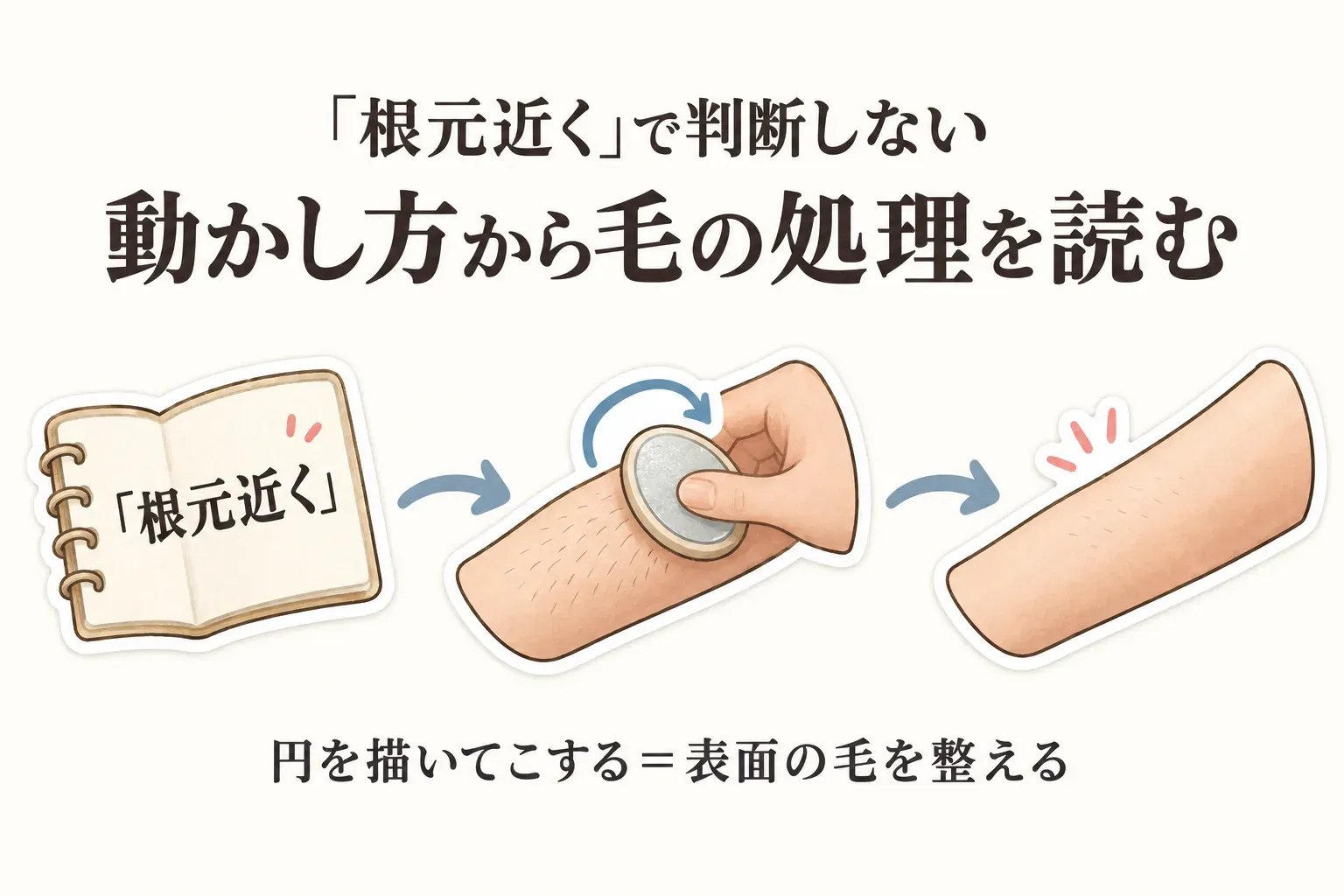 「根元近く」という表現だけで判断せず、ガラス製脱毛パッドを腕の上で円を描くようにこする動かし方から毛の処理を読み、表面の毛を整えることを示した図。