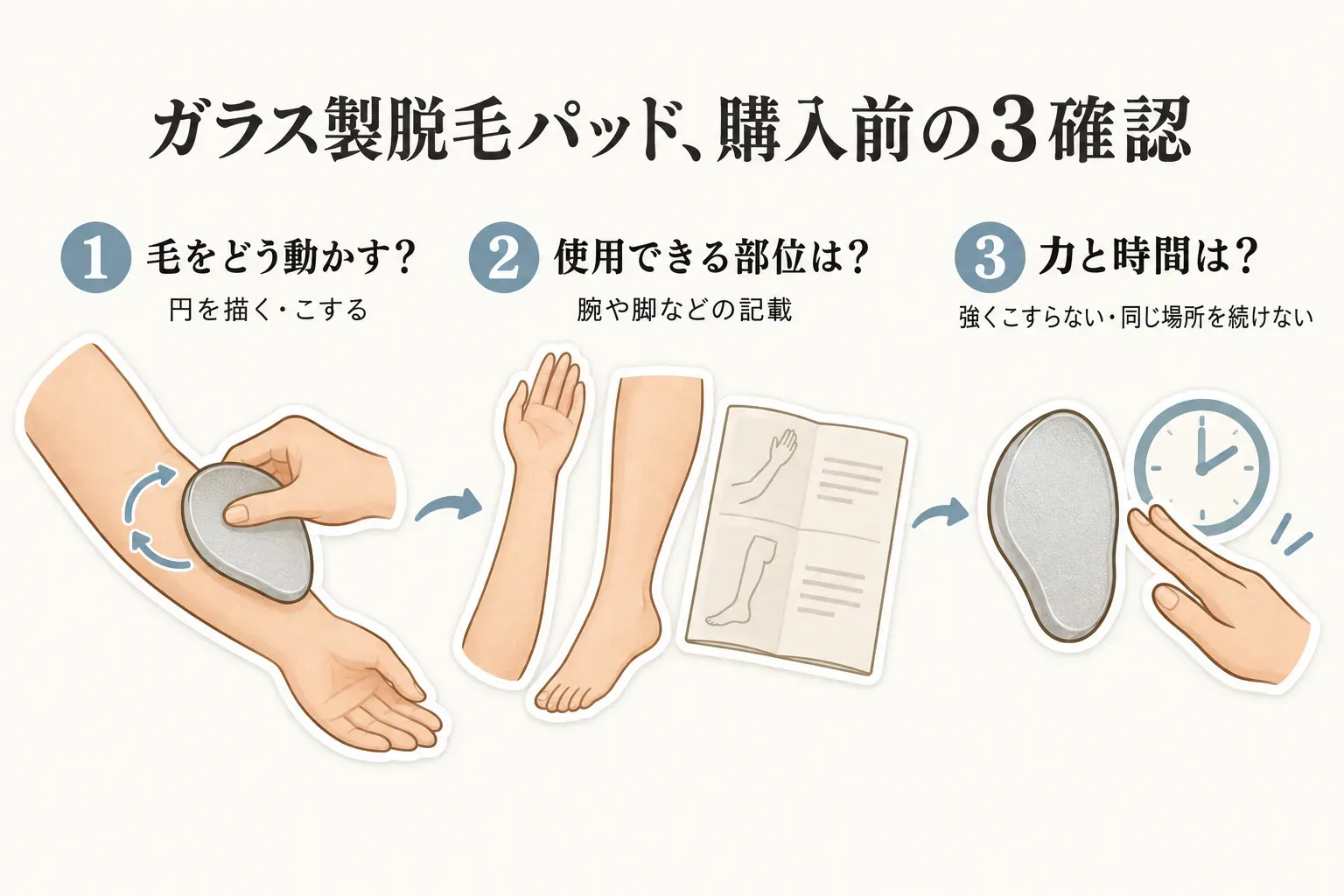 ガラス製脱毛パッドを購入前に確認する3項目として、円を描く・こするという毛の動かし方、腕や脚など使用できる部位、強くこすらず同じ場所を続けないための力と時間を、パッドと腕・脚・説明書・時計のイラストで示した図。