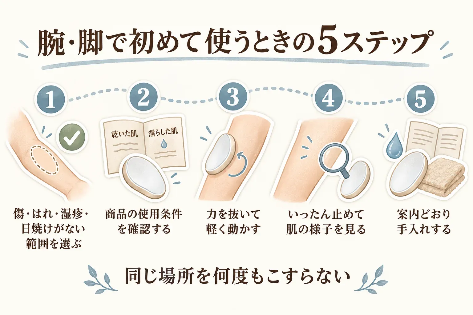 ガラス製除毛パッドを腕・脚で初めて使う5ステップの図。傷・はれ・湿疹・日焼けがない狭い範囲を選び、乾いた肌・濡らした肌など商品ごとの使用条件を確認し、力を抜いて軽く動かし、いったん止めて赤みやヒリつきなど肌の様子を見てから、案内どおりに水洗いまたは拭き取りをして手入れする流れを示す。同じ場所を何度もこすらないよう注意する。