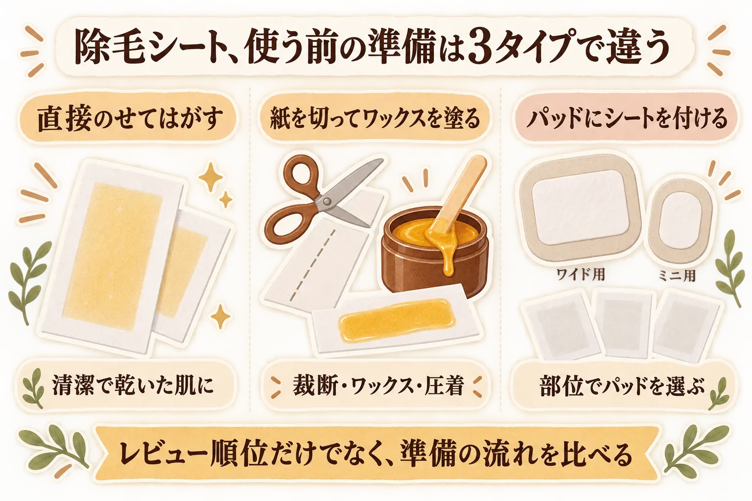除毛シートを使う前の準備を3タイプで比較する図。直接のせてはがすワックスシートは清潔で乾いた肌に使い、ワックス脱毛紙は紙を裁断してワックスを塗り圧着し、専用パッドは部位に合わせたパッドへシートを付ける流れを示す。レビュー順位だけでなく準備の流れを比較する。