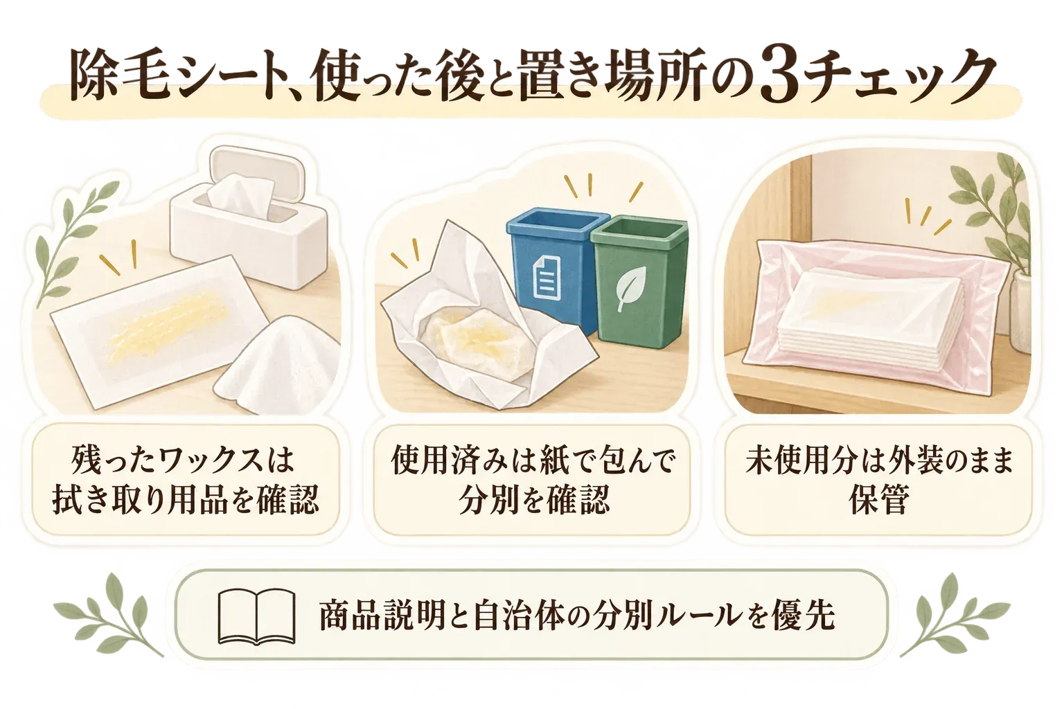 除毛シートを使った後の3チェックを示す図。残ったワックスは拭き取り用品を確認し、使用済みシートは紙で包んで自治体の分別ルールを確認し、未使用分は外装のまま保管する流れを示す。商品説明と自治体の分別ルールを優先する。