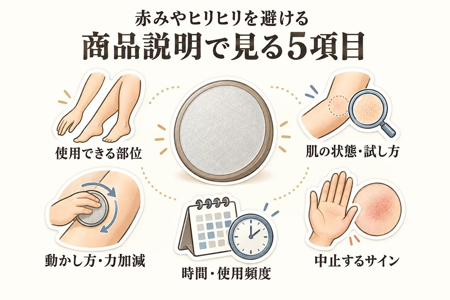 ナノガラス脱毛パッドの商品説明で確認する5項目として、使用できる部位、肌の状態と試し方、円を描く動かし方と力加減、時間と使用頻度、赤みなど中止するサインを、パッドと腕・脚・時計・カレンダーのイラストで示した図。