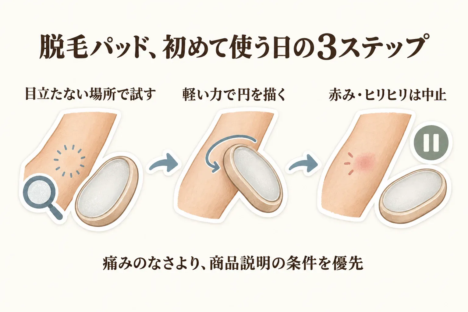 脱毛パッドを初めて使う日の3ステップとして、目立たない場所で試す、軽い力で円を描く、赤みやヒリヒリが出たら中止する流れを示し、痛みのなさより商品説明の条件を優先すると伝える図。