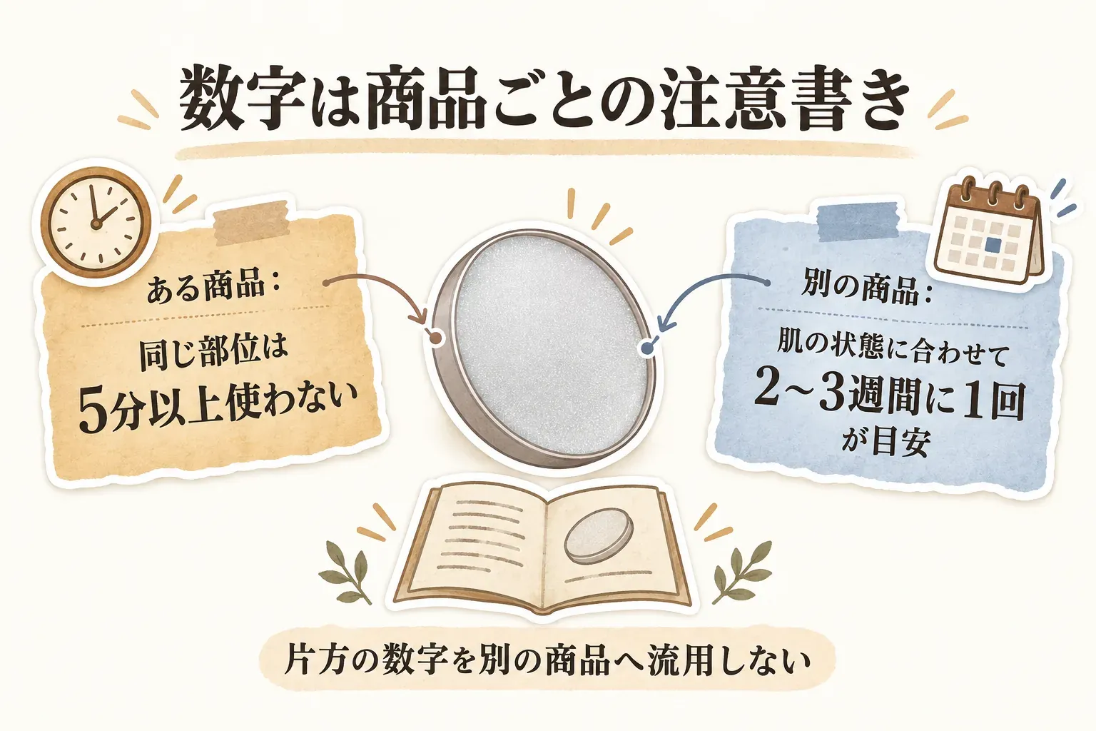 ナノガラス脱毛パッドは商品ごとの注意書きに従うことを示し、ある商品では同じ部位を5分以上使わないこと、別の商品では肌の状態に合わせて2〜3週間に1回が目安であること、片方の数値を別の商品へ流用しないことを示した図。出典：記事で確認した2商品の商品説明。