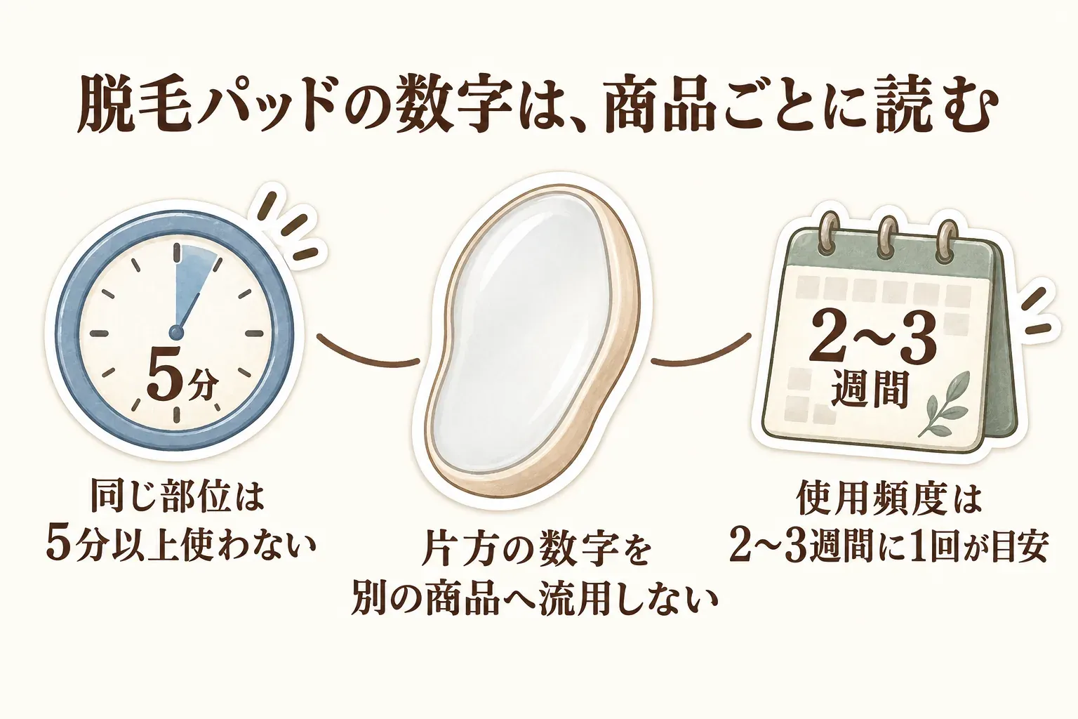 ナノガラス脱毛パッドの数値は商品ごとに確認する必要があることを示し、同じ部位は5分以上使わない商品と、使用頻度は2〜3週間に1回が目安の商品があるため、片方の数値を別の商品へ流用しないよう示した図。出典：記事で確認した2商品の商品説明。