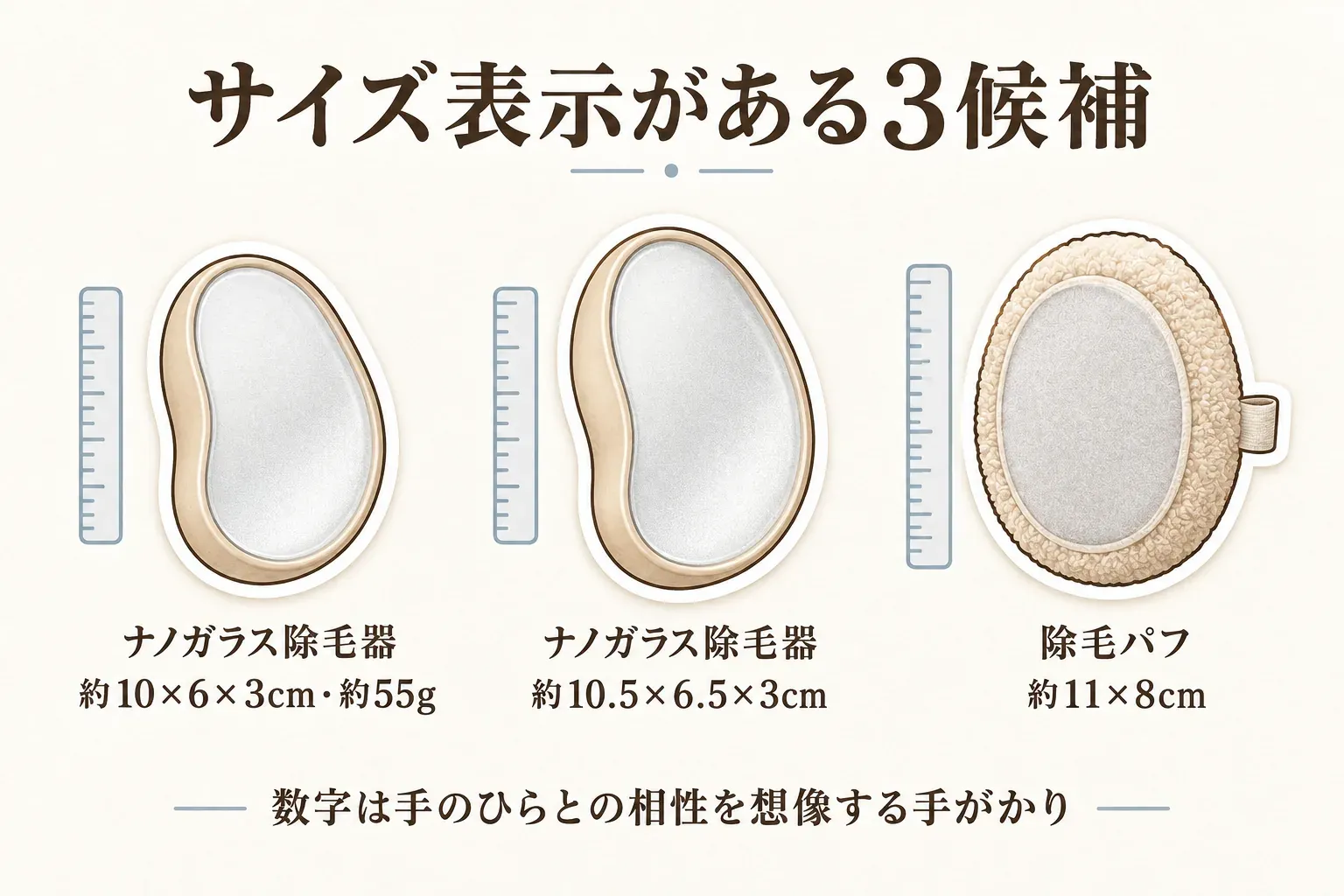 サイズ表示がある3候補の比較図。ナノガラス除毛器は約10×6×3cm・約55gと約10.5×6.5×3cm、除毛パフは約11×8cmで、数値は手のひらとの相性を想像する手がかりになることを示す。商品説明に記載されたサイズ。