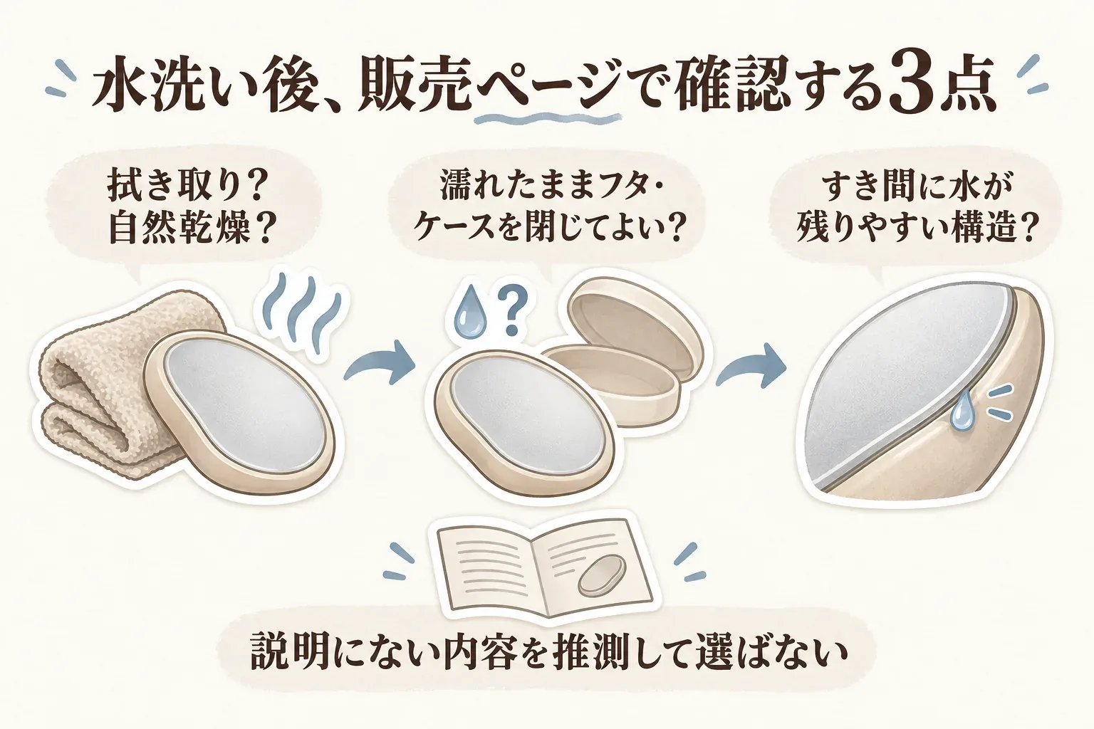 水洗い後に販売ページで確認する3点の図。拭き取りか自然乾燥か、濡れたままフタ・ケースを閉じてよいか、本体のすき間に水が残りやすい構造かを確認し、説明にない内容を推測して選ばないよう示している。