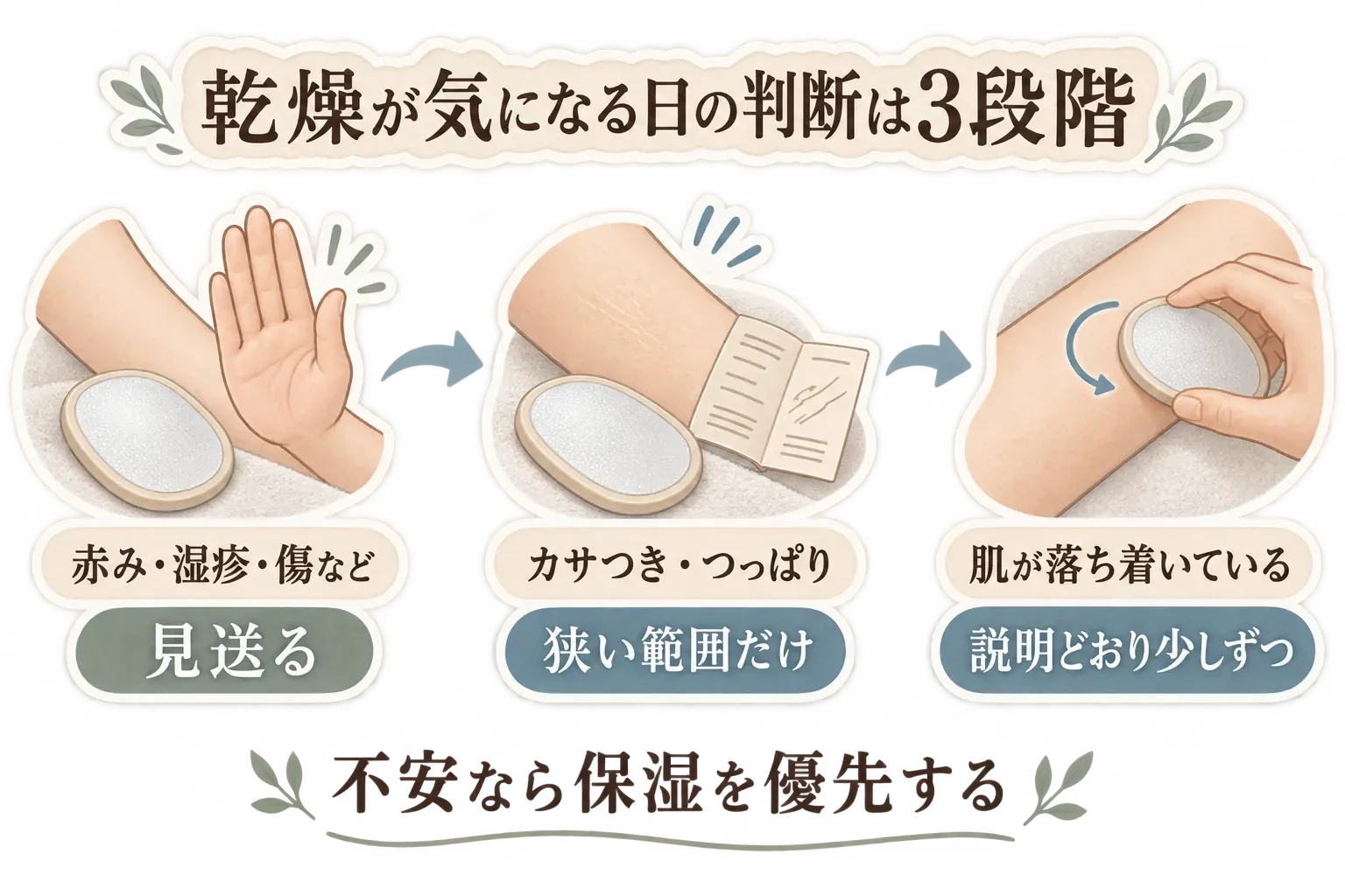 乾燥が気になる日のナノガラス除毛器の3段階判断を示す図。赤み・湿疹・傷などがあれば見送り、カサつき・つっぱりだけなら狭い範囲だけ試し、肌が落ち着いていれば説明どおり少しずつ使う。不安なときは保湿を優先する。