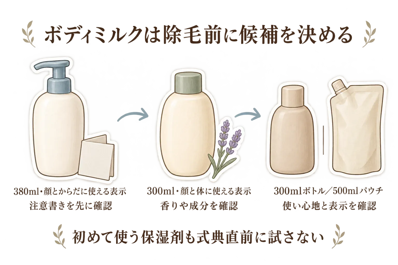 ボディミルクを前もって選ぶ際の3候補を示す図。380mlで顔とからだに使える表示、300mlで顔と体に使える表示、300mlボトルまたは500mlパウチの候補について、容量・使用部位・香りや仕上がりの表示を確認する。